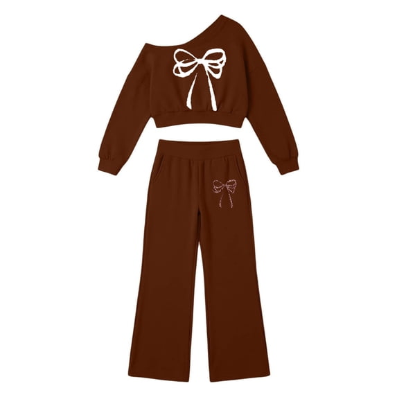Kiijoy Girls Outfits Bow Off Shoulder Cropped Sweatshirt Pants Clothes Set, Sizes 5-14