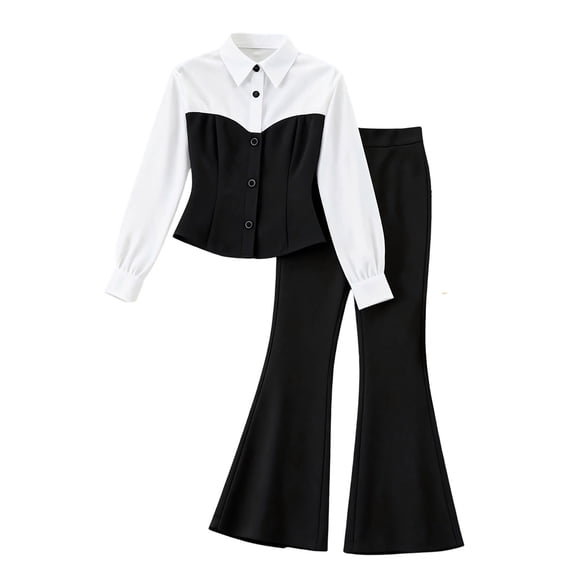 Kiijoy Girls Outfits Elegant Color Block Long Sleeve Shirt Flared Pants Set, Sizes 7-12