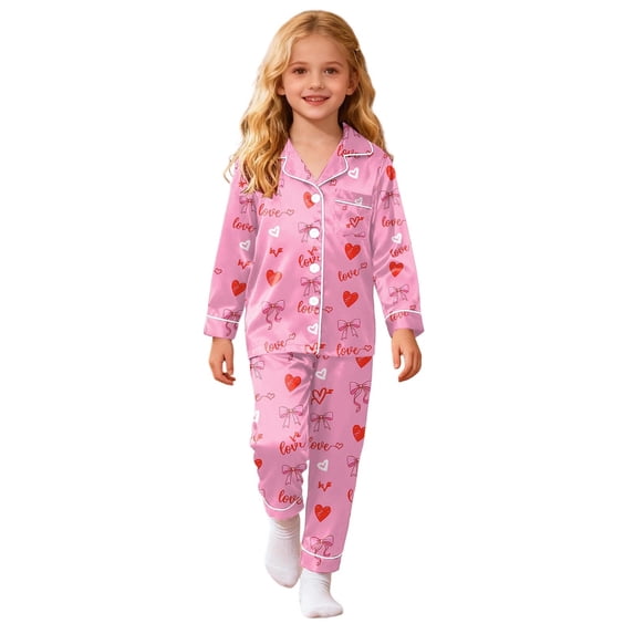 Kiijoy Girls Outfits Hearts Print Long Sleeve Shirt Pants Sleepwear, Sizes 10-11