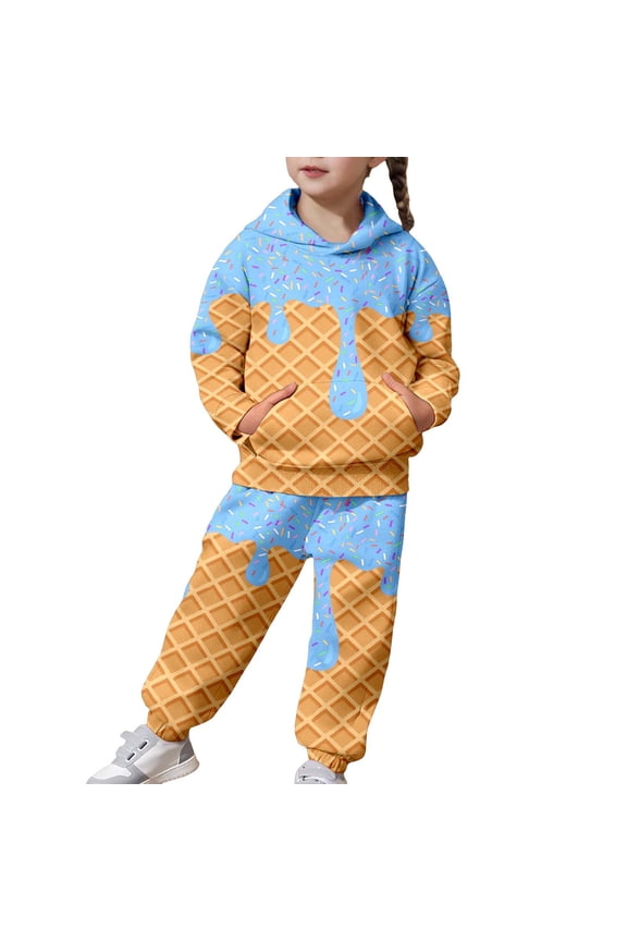 Girls Outfits Ice Cream Print Cute Hoodie Jogger Sweatpants Sweatsuits, Sizes 2-5T
