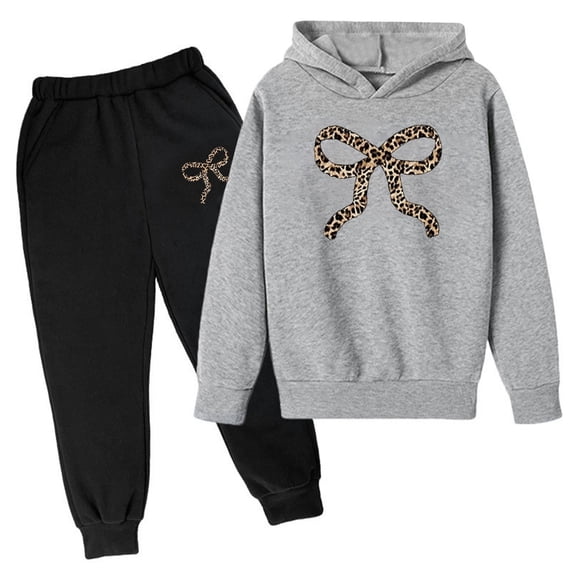 Kiijoy Girls Outfits Leopard Bow Print Hoodie Sweatpants Set Casual Sweatsuit, Size 3-14