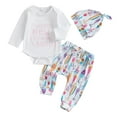 thumbnail image 1 of Kiijoy Girls Outfits Long Sleeve Letter Romper Fish Print Pants Hat 3Pcs Set, Sizes 0-3M, 1 of 8