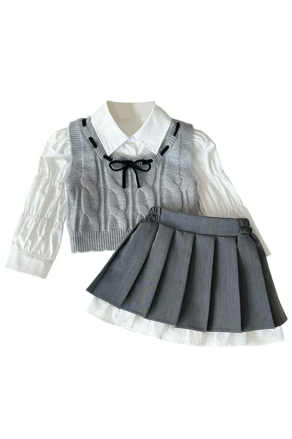 Girls Outfits Long Sleeve Shirt Varsity Sweater Vest Pleated Skirt 3Pcs Set, Sizes 4-5