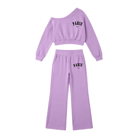 Kiijoy Girls' Outfits Off Shoulder Cropped Sweatshirt Wide Leg Sweatpants Set, Sizes 5-14