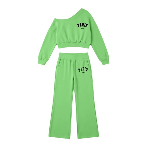 Kiijoy Girls' Outfits Off Shoulder Cropped Sweatshirt Wide Leg Sweatpants Set, Sizes 5-14