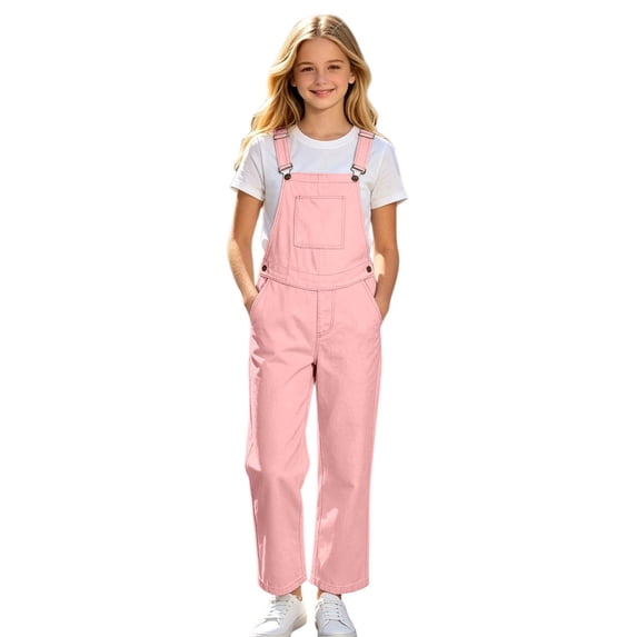 Kiijoy Girls Overalls Kids Casual Solid Adjustable Straps Bib Jumpsuit, Pink, Sizes 5-14