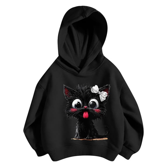 Kiijoy Girls Oversized Hoodie Cute Cat Graphic Pullover Sweatshirt, Black, Sizes 4-5T