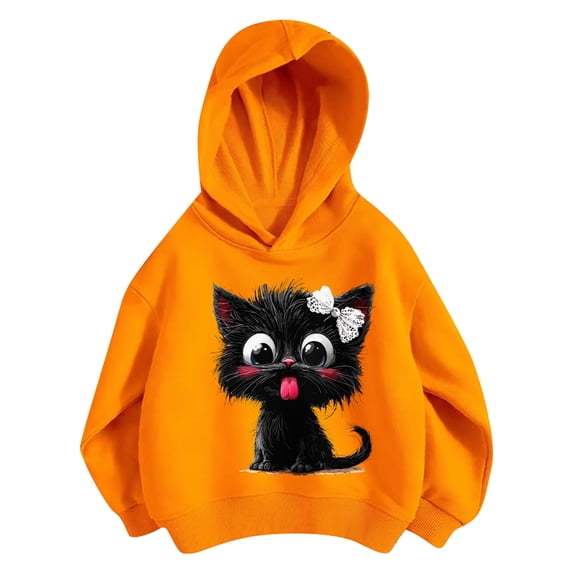 Kiijoy Girls Oversized Hoodie Cute Cat Graphic Pullover Sweatshirt, Orange, Sizes 3-4T