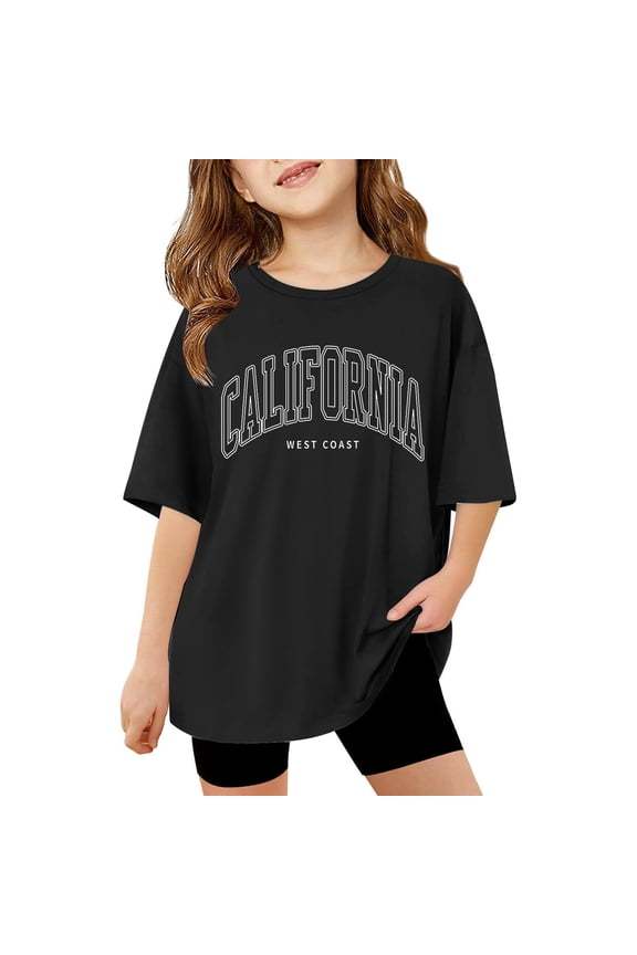 Girls Oversized Short Sleeve T-Shirt California Print Crew Neck T Shirt, Sizes 3-14