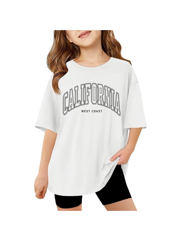 Girls Oversized Short Sleeve T-Shirt California Print Crew Neck T Shirt, Sizes 3-14