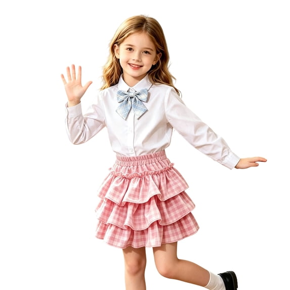 Kiijoy Girls Plaid Ruffle Skirt School Style High Waisted A Line Skirt, Pink, Size 3-14