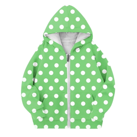 Kiijoy Girls Polka Dot Hoodie Hooded Zip Up Jacket Outerwear Fall Coat, Green, 6-7 Years