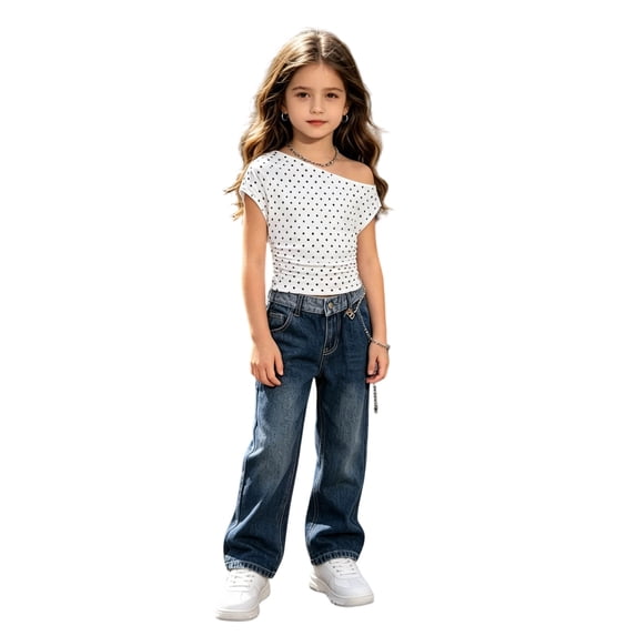Kiijoy Girls Polka Dot One Shoulder T-Shirt Short Sleeve Ruched Tshirt, White, 8-9 Years