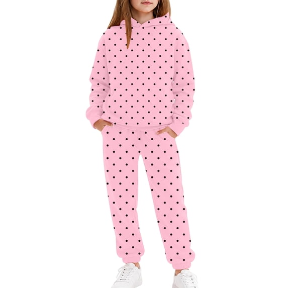 Kiijoy Girls Polka Dot Sweatsuit Casual Active Pullover Hoodie Joggers Outfits, Sizes 2-13