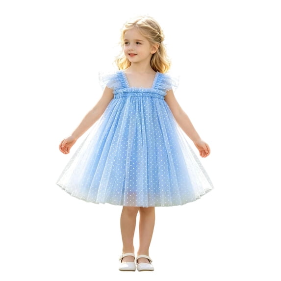 Kiijoy Girls Polka Dot Tulle Dress Flutter Sleeves Mesh Princess Dress, Blue, Size 6M-6Y