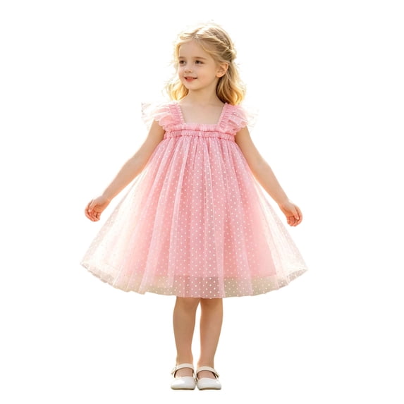 Kiijoy Girls Polka Dot Tulle Dress Flutter Sleeves Mesh Princess Dress, Pink, Size 6M-6Y