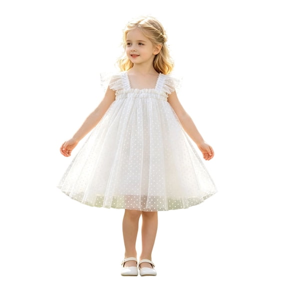 Kiijoy Girls Polka Dot Tulle Dress Flutter Sleeves Mesh Princess Dress, White, Size 6M-6Y