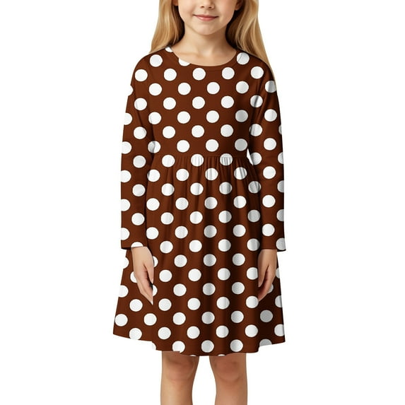 Kiijoy Girls Polka Dots Print Long Sleeve Dress Casual Crew Neck T-Shirt Dress, Sizes 3-11
