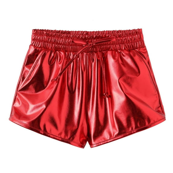 Kiijoy Girls Pu Leather Dance Shorts Solid Unisex Elastic Waist Athletic Shorts