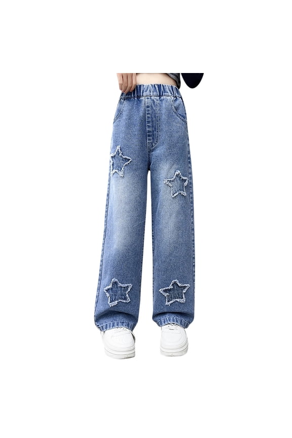 Girls Pull On Jeans Star Embroidery Straight Leg High Rise Denim Pants, Sizes 7-8