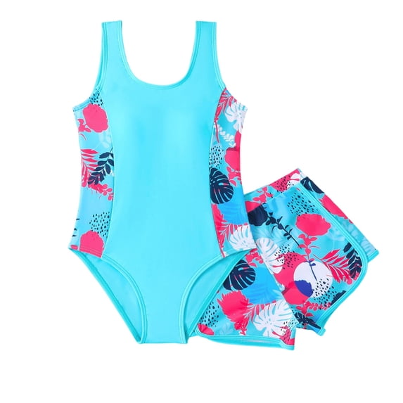 Kiijoy Girls Quick Dry One-Piece Swimsuit with Shorts Swimwear Bathing Suit, Sizes 8-9