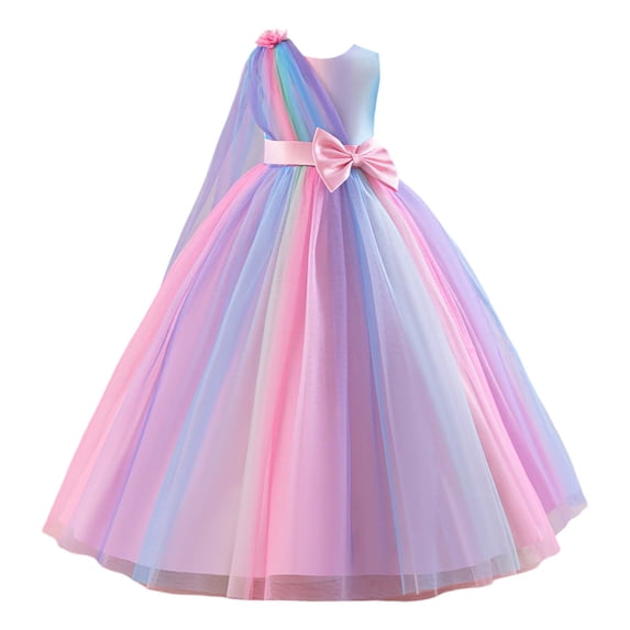 Kiijoy Girls Rainbow Tulle Dress Sleeveless Bow Birthday Party Dress, Pink, Size 3-12