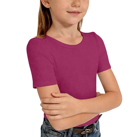 Kiijoy Girls Ribbed Knit Short Sleeve T-Shirt Soft Casual Solid Crewneck T Shirt, Sizes 7-14