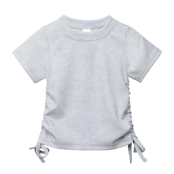 Kiijoy Girls Ribbed Short Sleeve T-Shirt Casual Solid Crewneck Side-Tie Tshirt, Sizes 2-13