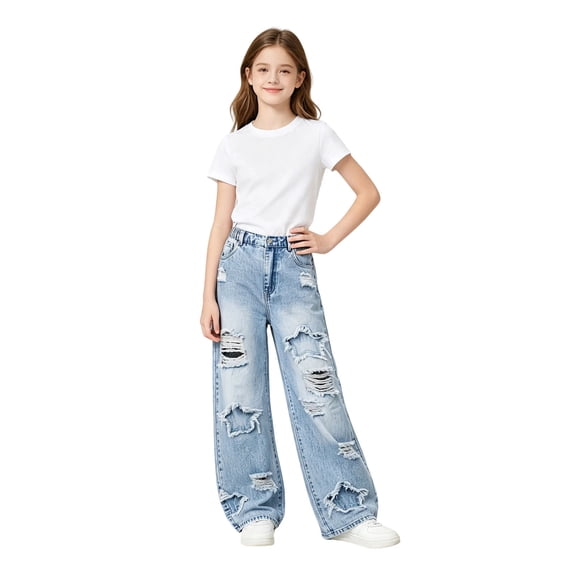 Kiijoy Girls Ripped Wide Leg Jeans Distressed Streetwear Denim Pants, Blue, Sizes 5-16