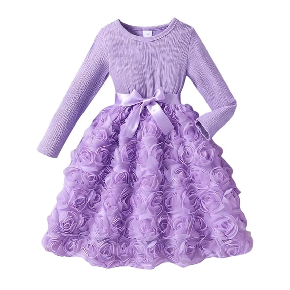 Kiijoy Girls Rosette Long Sleeve Dress Solid Color Crewneck Princess Dress, Sizes 2-7