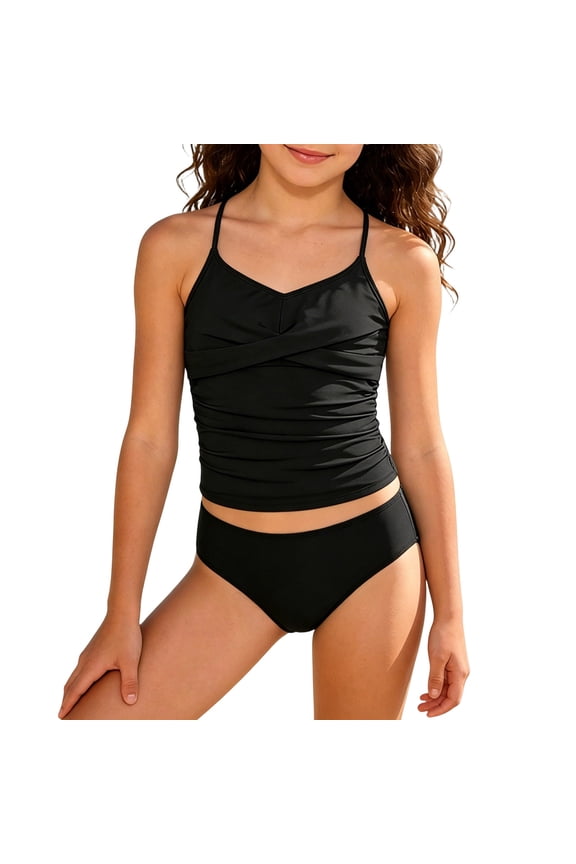 Girls Ruched Tankini Set 2-Piece Swimsuit UPF 50+ Bathing Suit Swimwear, Sizes 8-16