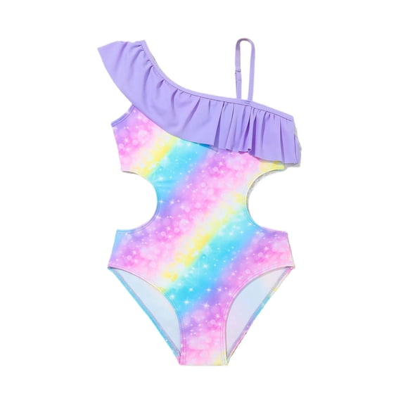 Kiijoy Girls Ruffle Cut Out One-Piece Swimsuit Rainbow Stripe Bathing Suit, Sizes 5-14