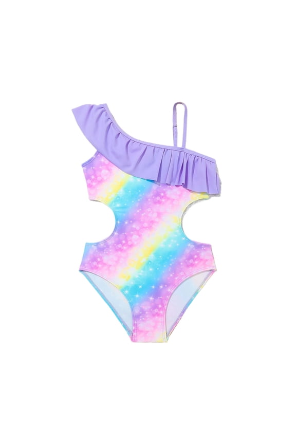 Girls Ruffle Cut Out One-Piece Swimsuit Rainbow Stripe Bathing Suit, Sizes 5-14