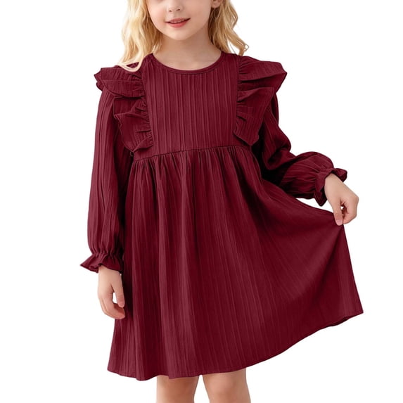Kiijoy Girls Ruffle Long Sleeve Dress Spring Fall Casual A Line Dress, Red, Size 2-7