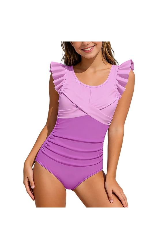 Girls Ruffle One-Piece Swimsuit Color Block Bathing Suit Swimwear, Sizes 9-10