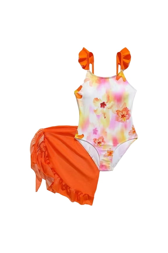 Girls Ruffle One Piece Swimsuit with Cover-Up Quick Dry Bathing Suit, Sizes 8-13