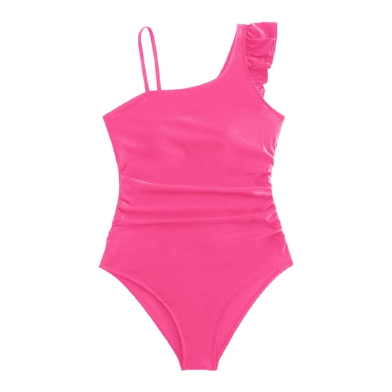 Kiijoy Girls Ruffle One Shoulder One-Piece Swimsuit Beach UPF 50+ Bathing Suit, Sizes 8-16