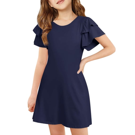 Kiijoy Girls Ruffle Short Sleeve Dress Summer Casual Solid Short Dress, Sizes 4-12