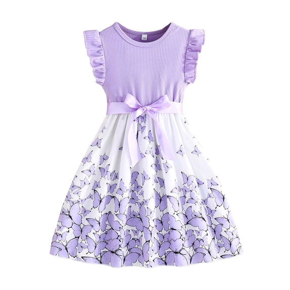 Kiijoy Girls Ruffle Sleeveless Dress Butterfly Print A Line Dress, Sizes 7-8