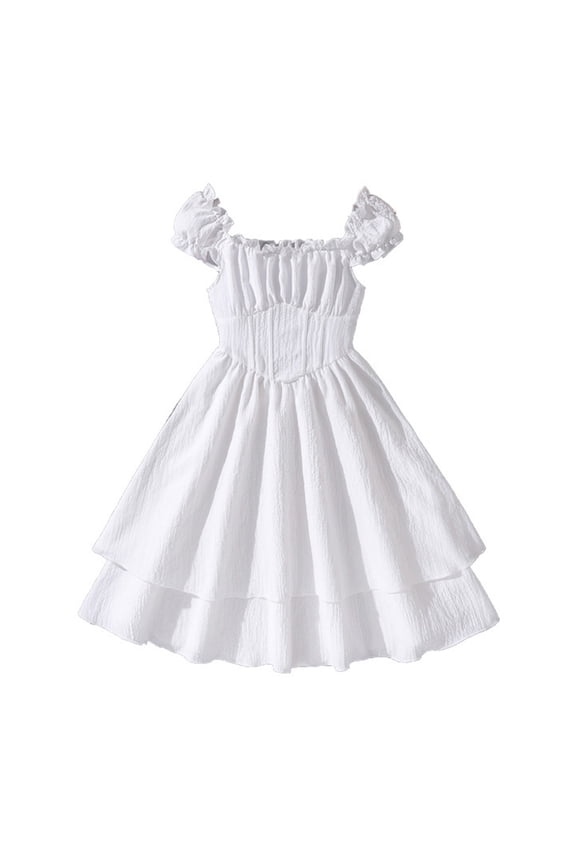 Girls Ruffle Smocked Off Shoulder Dress Layered Flowy Swing White Dress, Sizes 7-12