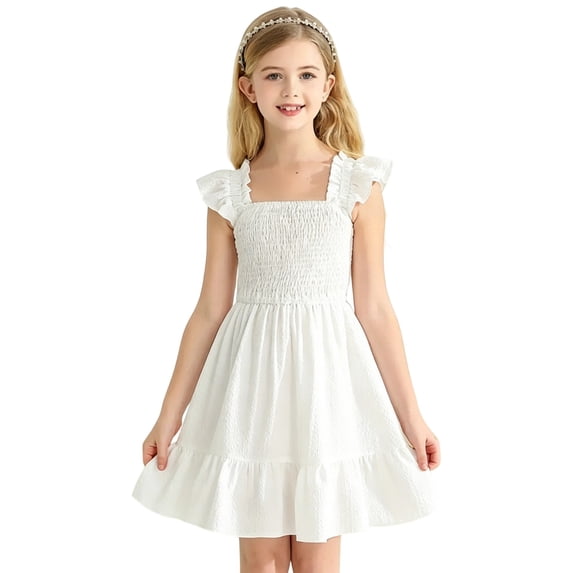 Kiijoy Girls Ruffle Smocked Square Neck Dress Casual Party Midi Dress, White, Size 2-14
