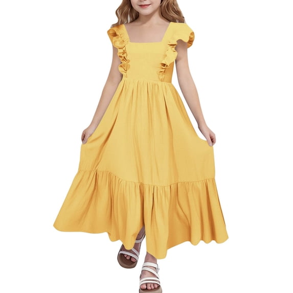 Kiijoy Girls Ruffled Backless Square Neck Dress Casual Solid Tiered Long Dress, Sizes 4-15
