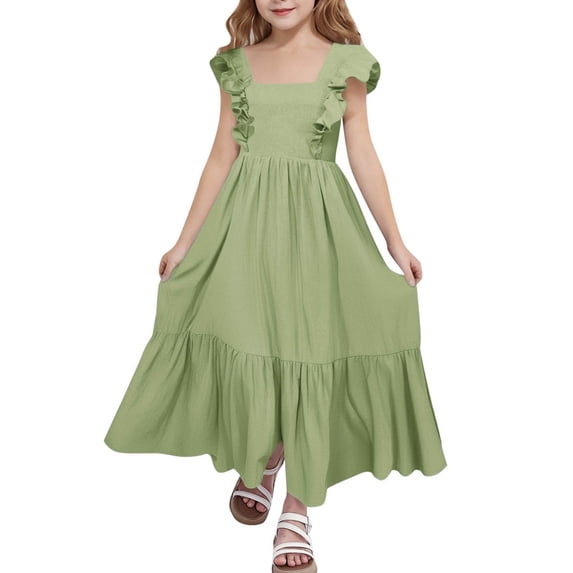 Kiijoy Girls Ruffled Backless Square Neck Dress Casual Solid Tiered Long Dress, Sizes 4-15
