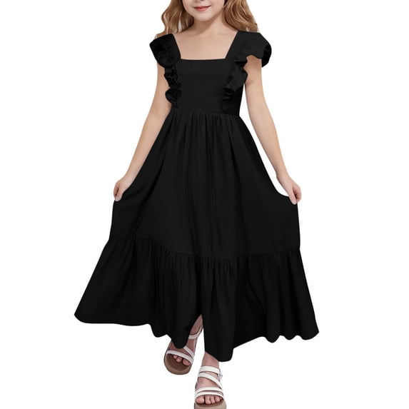 Kiijoy Girls Ruffled Backless Square Neck Dress Casual Solid Tiered Long Dress, Sizes 4-15