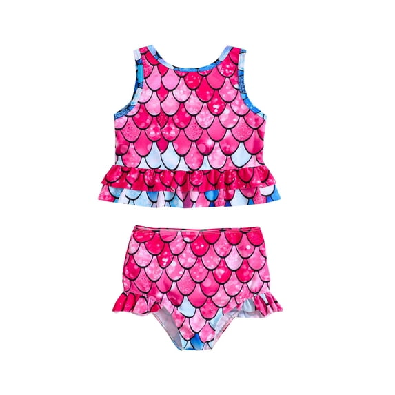 Kiijoy Girls Scale Print Ruffle Tankini Swimsuit UPF 50+ Bathing Suit Swimwear, Sizes 2-7