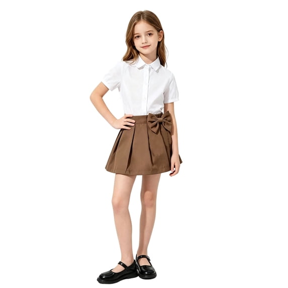Kiijoy Girls School Pleated Skirt Casual Bow High Waisted A Line Skirt, Khaki, Size 3-12