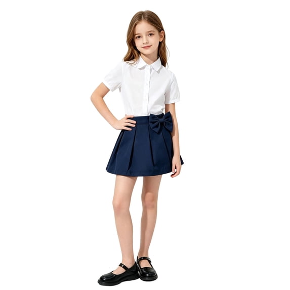 Kiijoy Girls School Pleated Skirt Casual Bow High Waisted A Line Skirt, Navy, Size 3-12