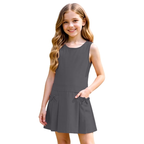 Kiijoy Girls School Uniform Dress Casual Sleeveless Dress with Pockets, Grey, Size 3-12