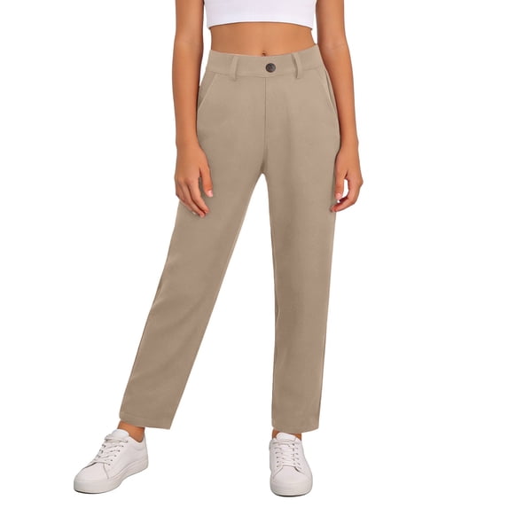 Kiijoy Girls School Uniform Pants High Rise Pull On Straight Stretch Trousers, Khaki, Sizes 11-12