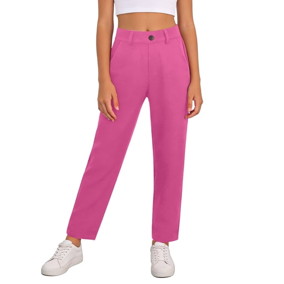 Kiijoy Girls School Uniform Pants High Rise Pull On Straight Stretch Trousers, Sizes 9-10